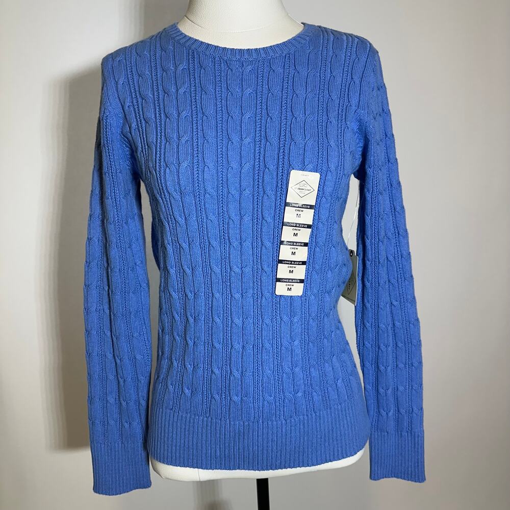 NWT St. John's Bay Blue Cable Knit Crewneck Sweater Preppy Womens Size Medium M